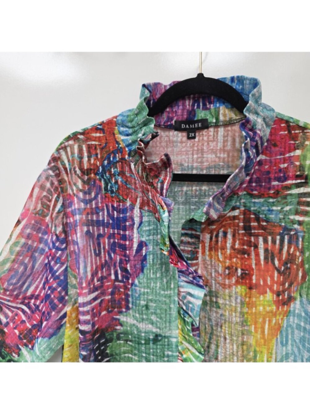 Damee Shirt Womens 2X Multicolor Collared Button Front Ruffle Bell Sleeve Tunic - Picture 2 of 11